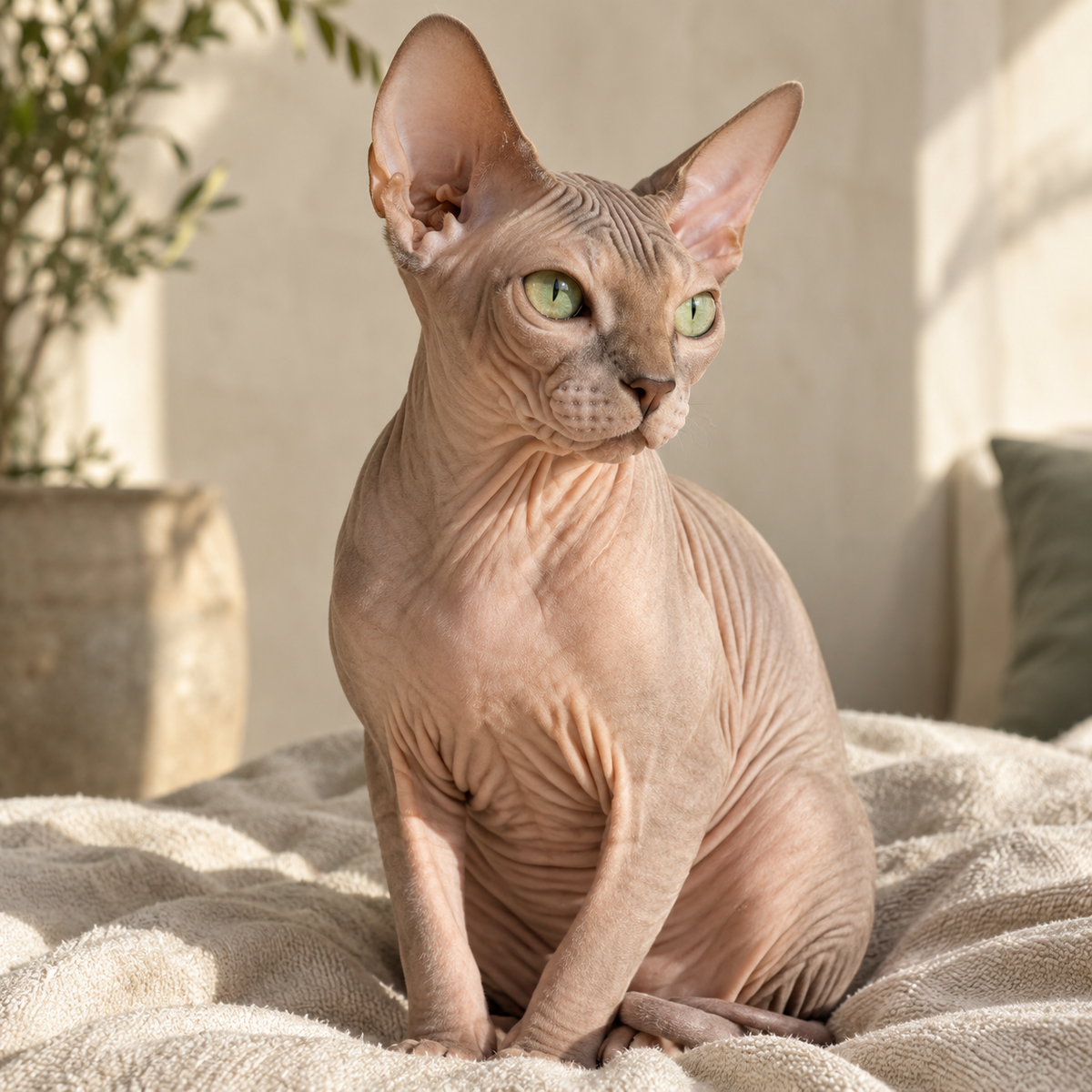 Sphynx cat sitting on a cream towel